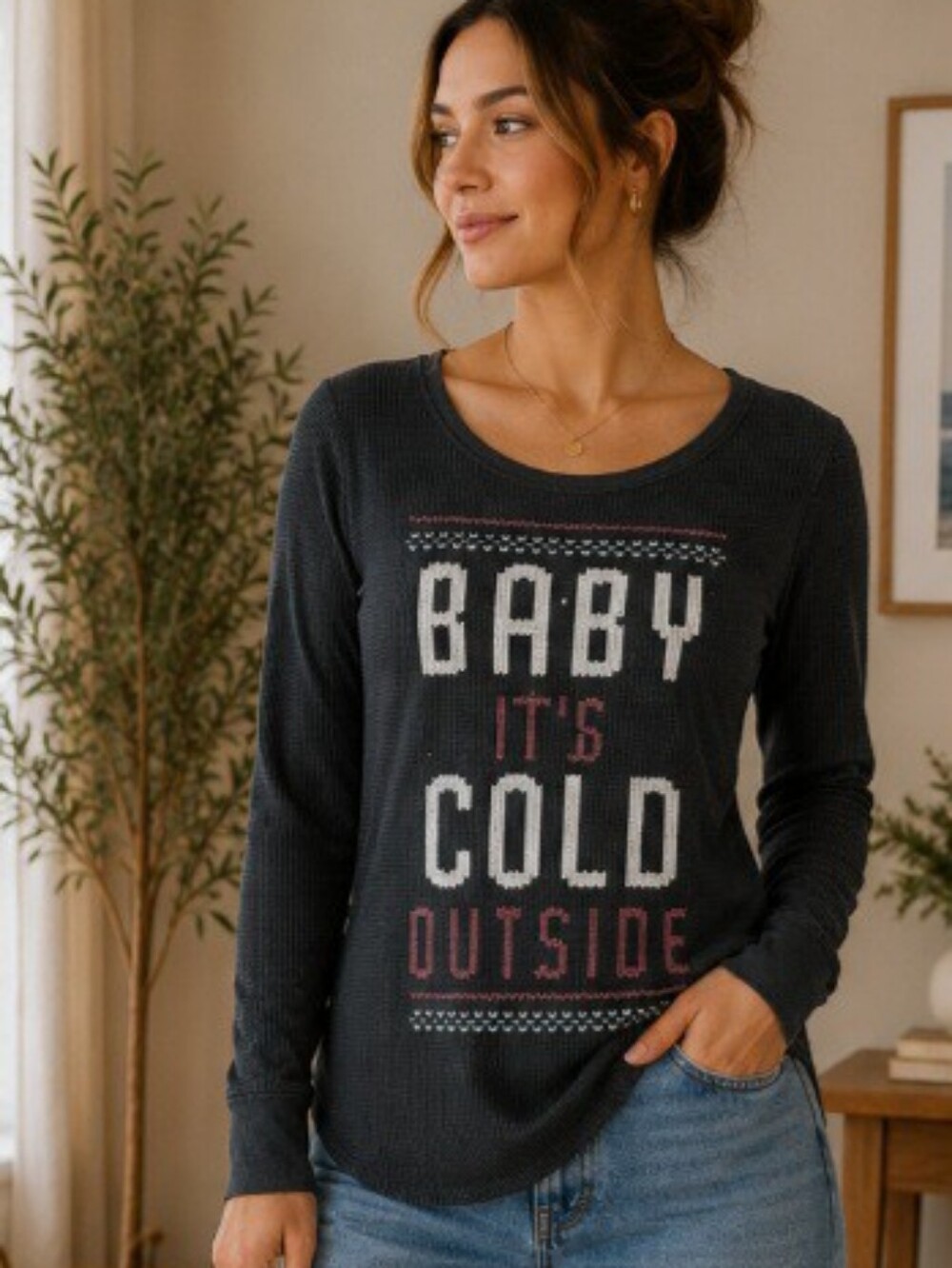 Old Navy Black Waffle Knit 'Baby It's Cold Outside' Crewneck Sweater